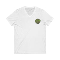 Explore the Possibilities V-Neck Tee. (bright green logo) Unisex Jersey Short Sleeve