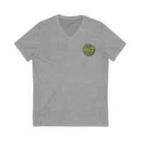 Explore the Possibilities V-Neck Tee. (bright green logo) Unisex Jersey Short Sleeve